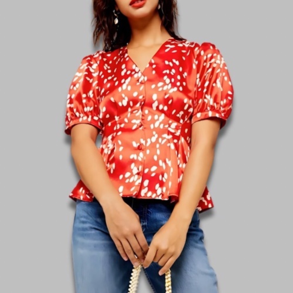 Topshop Dalmatian Pleat Blouse V-Neck Satin Button Front Polka Dot Red W US 10